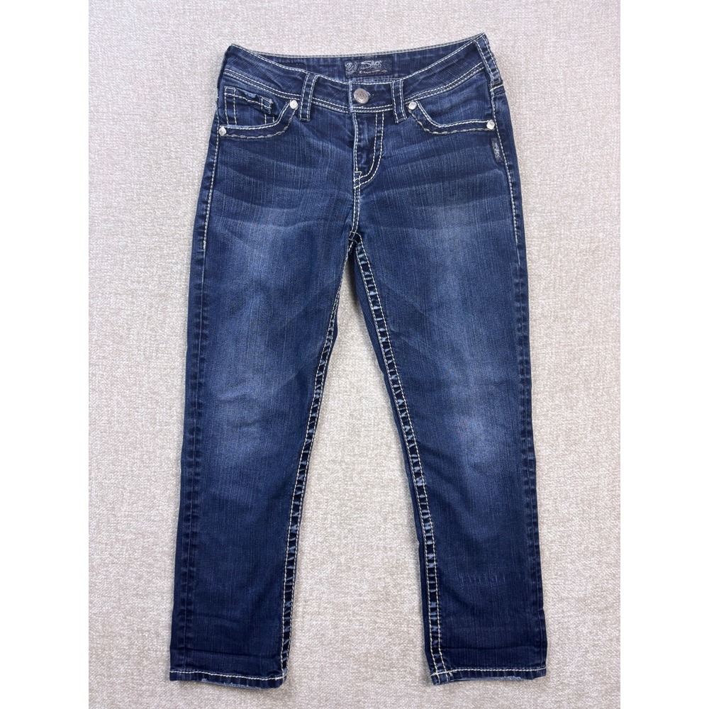 Silver Jeans Co Women W28 Dark Wash Y2K Contrast Stitch Straight Leg Jeans
